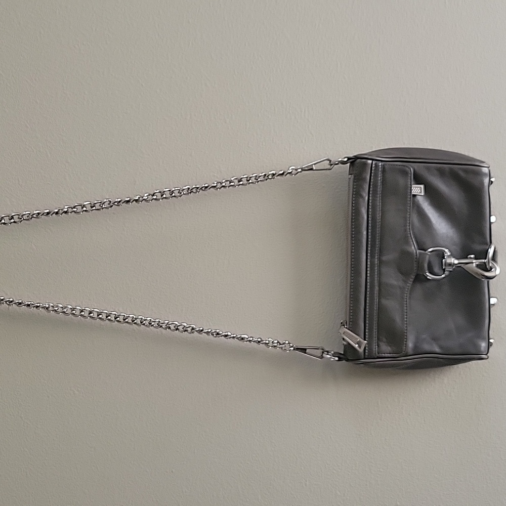 Rebecca Minkoff Metallic Silver Leather Mini MAC Crossbody Bag Studded Bottom - Picture 3 of 17